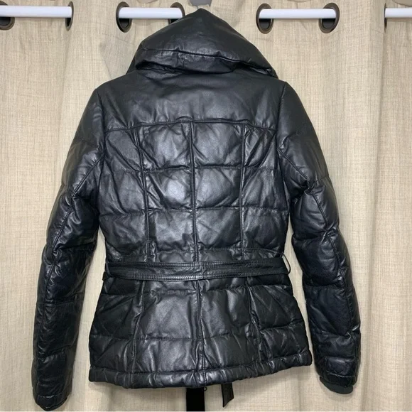 Danier Black Leather Puffer Jacket Sz XXS High Neck Bomber Quilted Winter Coat - Picture 15 of 16